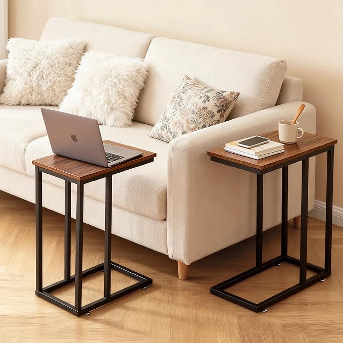 VECELO C Shaped End Side Table for Sofa Couch and Bed Snack TV Tray for Living Room Bedroom, 1 PCS Brown