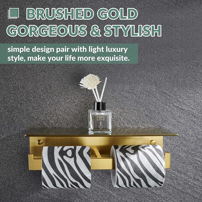 APLusee Brushed Gold Double Toilet Paper Holder with Shelf, Heavy Duty 304 Stainless Steel Tissue Holder for Bathroom with Storage, Commercial Paper Roll Dispenser Wall Mounted