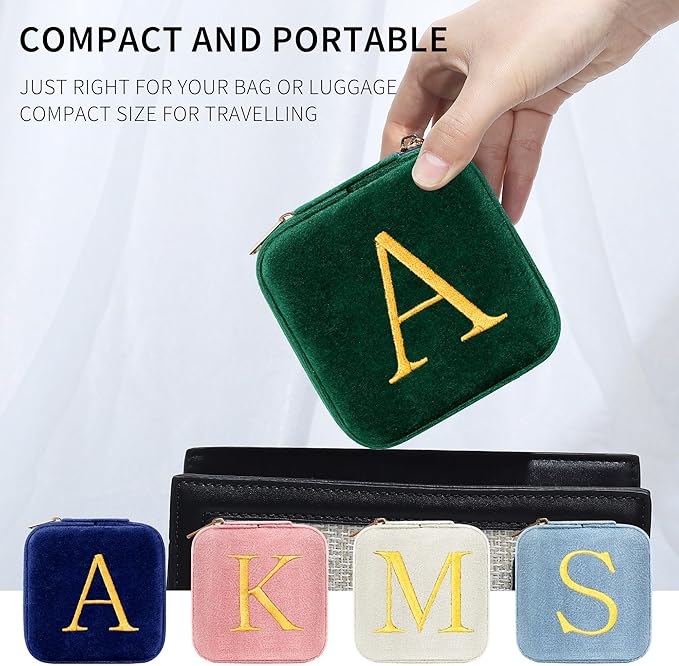 Parima Back to school Plush Velvet Jewelry Box - Personalized Monogram Travel Jewelry Case Organizer Jewelry Boxes for Women Birthday Mom Friends Teen Girls Teenage Gifts Idea - Letter C, Green