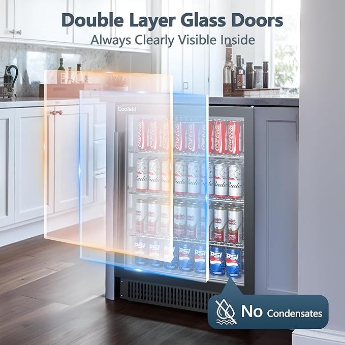 Coolski Beverage Refrigerator, 24 Inch Under Counter Beverage Fridge, 180 Cans Built-In or Freestanding Beverage Cooler with Glass Door for Home Bar Kitchen, ETL, DOE, NSF Approved