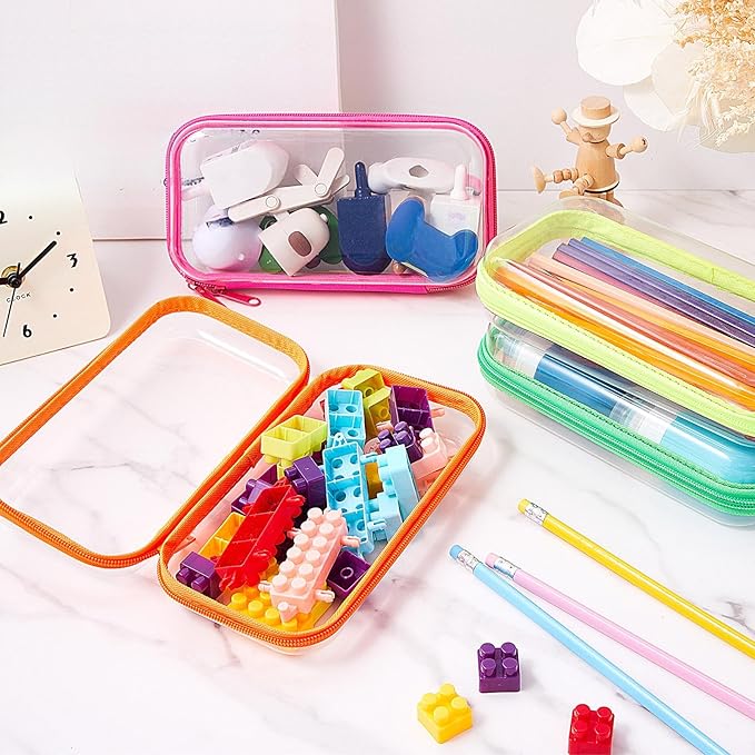 Hoolerry 4 Pcs Hard Clear Zipper Case Makeup Bags Plastic Pencil Pouch Transparent Storage Box Containers for Cosmetics, Snacks, Building Blocks, Puzzles(Fluorescent,7.5 x 3.9 x 2 in)