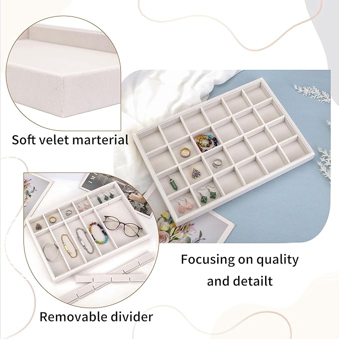 Mornajina 24 Grids Velvet Jewelry Tray Jewelry Display Tray, Stackable Empty Plate Trays for Earrings Necklaces Bracelet Rings Display Showcase - Beige