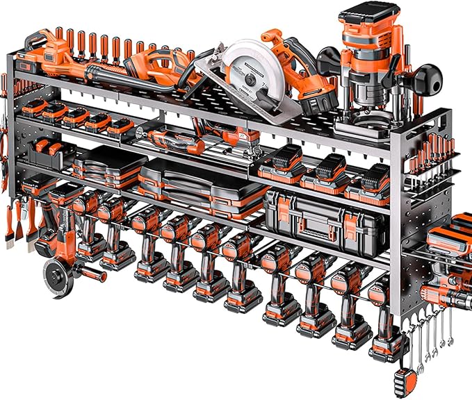 49.8" W Large Power Tool Organizer Wall Mount, Heavy Duty Tool Organizer with 14 cordless Drill Holder, 4 Layers Garage Organization and Storage Rack, Tool Rack for Garage Workshop, Black
