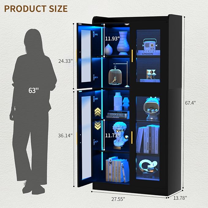 Unikito Display Cabinet with Glass Doors, 67" Tall Bookcase with LED Lights, Glass Display Case with 5-Tier Storage Shelves, Curio Cabinet for Collectibles Bedroom Living Room Office, Black Bookshelf