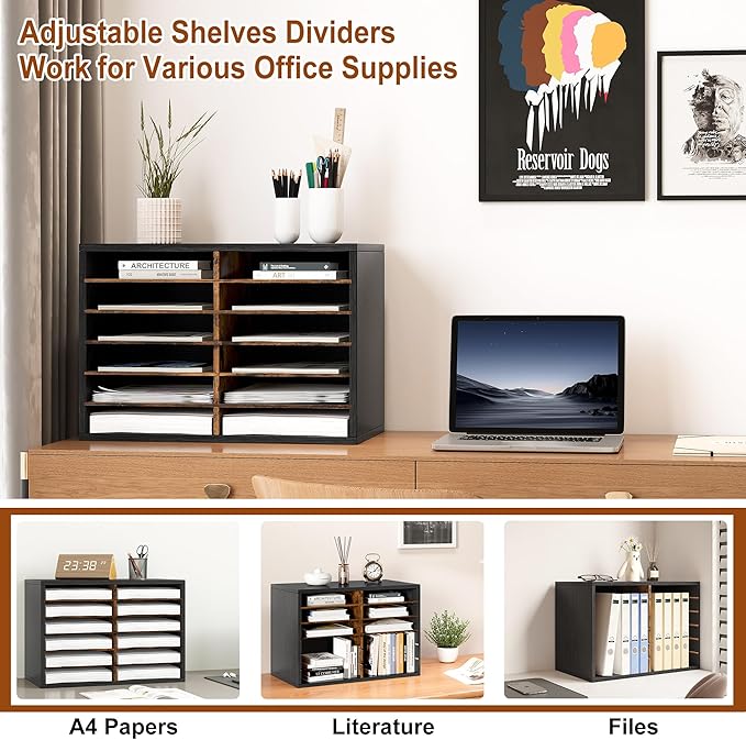 Literature Organizer 12 Slots Wooden Mailboxes for Classroom Office Mail Organizer Countertop Vertical File Sorter with Adjustable Shelves Heavy Duty Office Mailbox Cubbies, Black/Rustic Brown