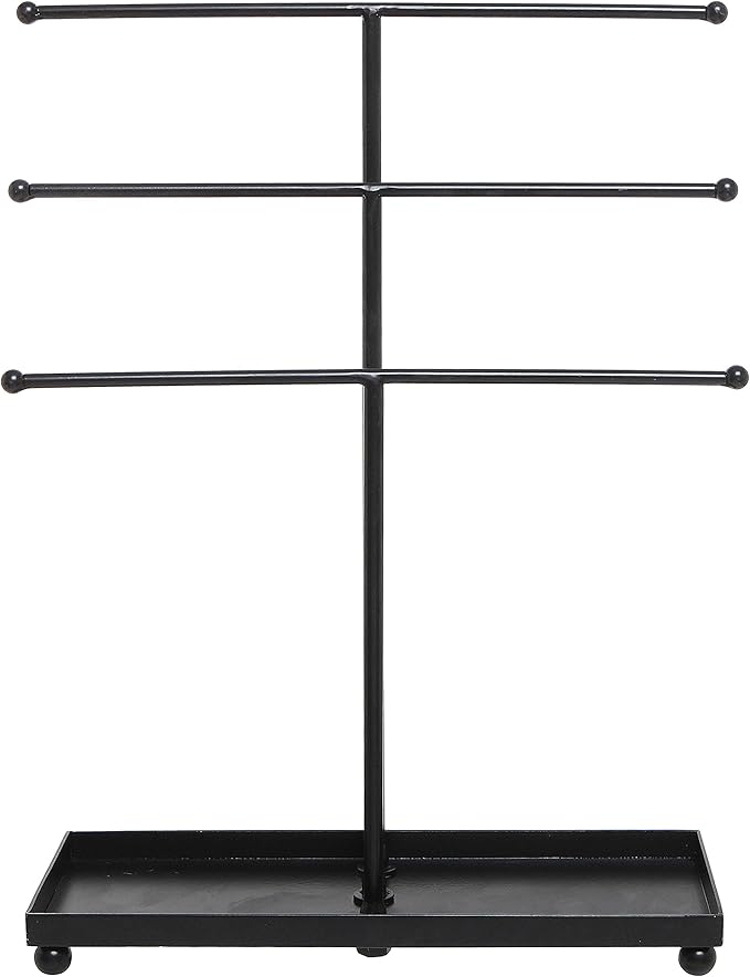 MyGift Modern Jewelry Organizer, 3 Tier Black Metal Tabletop Bracelet and Necklace Jewelry Storage Display Tree Rack with Base Ring Tray