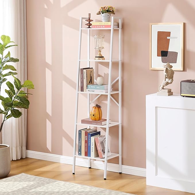 Hoctieon 5-Tier Industrial Ladder Bookshelf, Narrow Ladder Shelf, Tall Standing Bookshelf, Skinny Open Ladder Shelf, for Living Room, Home Office, Kitchen, Bedroom, Metal Frame, White