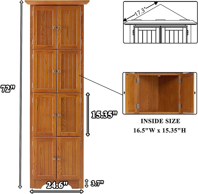 72" H Farmhouse Corner Storage Cabinet with 8 Doors & 4 Shelves, 4 Tier Kitchen Corner Pantry Cabinet Wooden Organizer Case Bookshelf, Home Space Saver Cabinet for Kitchen,Living Room (Oak)