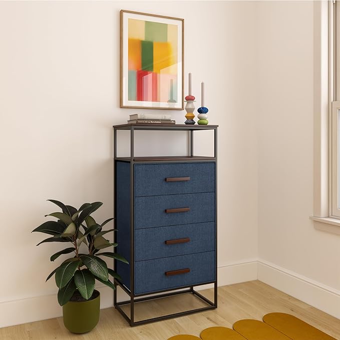 tinge Zana Premium Fabric Dresser - Strong Metal Frame, 4 Spacious Sag-Proof Drawers & Sturdy Wooden Top Shelf - Premium, Sleek & Durable Storage Solution for Your Home (Navy)