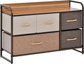 HOMCOM 5-Drawer Dresser, Fabric Chest of Drawers, 2-Tier Storage Organizer for Bedroom Entryway, Tower Unit with Steel Frame Wooden Top, Maple Wood
