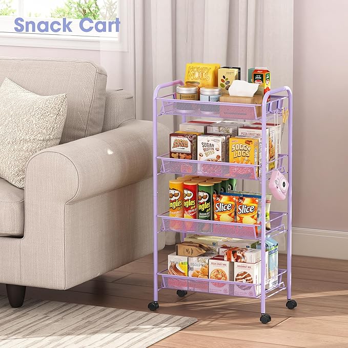 TOOLF 4-Tier Rolling Cart, Metal Utility Cart with 3 Hooks, Easy Assemble Mobile Storage Trolley On Wheels, Metal Shelving Units Kitchen Bathroom Laundry Room