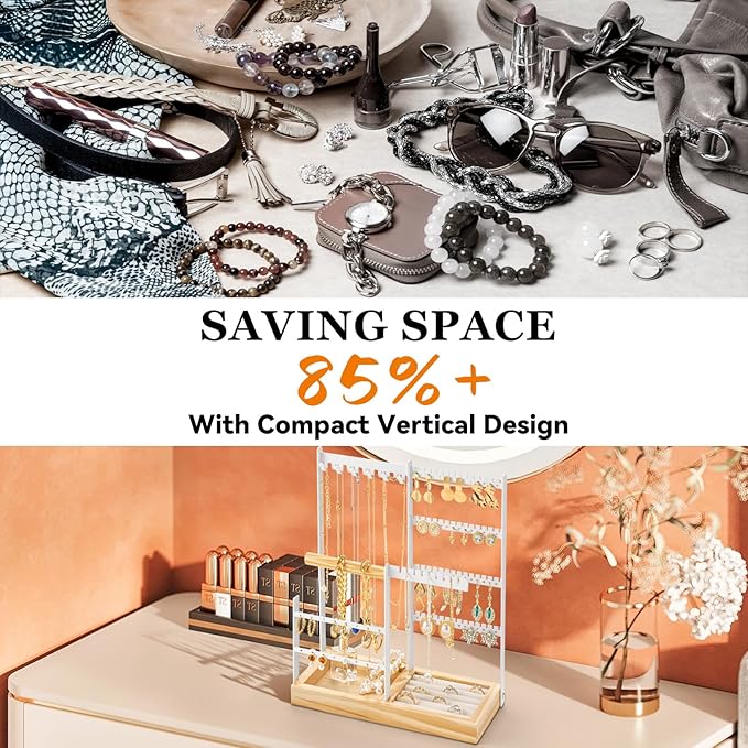 DreamGenius Jewelry Organizer Stand with Velvet Ring Holder, 4 Tier Jewelry Holder Organizer with 11 Hooks for Necklaces and 132 Holes for Earrings, White