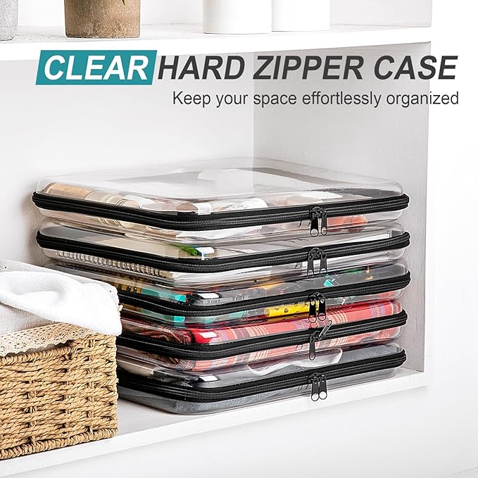 Sanwuta 6 Pcs Clear Hard Zipper Case Hard Plastic Zipper Pouches Transparent Makeup Bag Pencil Pouches for Travel Snacks Christmas Trinket Storage Organizer Box(Black,13.78 x 11.81 x 2 Inch)
