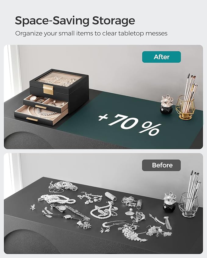 SONGMICS Jewelry Box Organizer with Glass Lid, 3-Layer Jewelry Storage, with 2 Drawers, Modern Style, Christmas Gift, 8 x 9.1 x 5.3 Inches, Graphite Black and Gold Color UJBC239B03