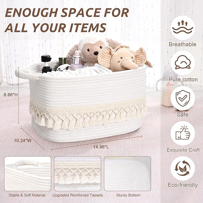 6 Pack Storage Basket for Shelves, Boho Cotton Rope Storage Bins with Heavy Tassel, Shelf Baskets Large Woven Baskets for Organizing, Cube Organizer Bins, Baby Laundry Basket for Clothes, Toys, Pets