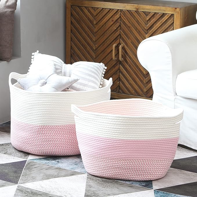 Sea Team Oval Large Cotton Rope Woven Storage Basket with Handles, Diaper Caddy, Baby Shower Basket, Nursery Nappies, Clothes Toys Organizer for Kid's Room, 16 x 13 inches, White & Mottled Pink