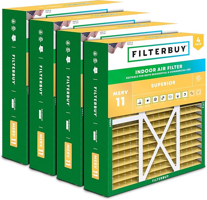 Filterbuy 20x22x5 Air Filter MERV 11 Superior Pet & Allergy Defense (4-Pack), Pleated HVAC AC Furnace Filters for Amana, Goodman, Nordyne, and Five Seasons (Actual Size: 19.50 x 21.94 x 5.25)