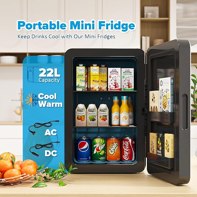 22L/30Cans Mini Fridge for Bedroom, 12v DC Portable Cooler & Warmer, Mini Refrigerator with Glass Front, for Car Office Desk & Dorm Food Beverage Skincare Makeup (Black)