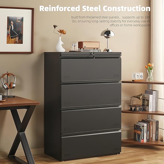 Metal File Cabinet with Lock, 4 Drawer Lateral File Cabinets for Home Office, Heavy Duty Office Storage Cabinet for A4/Letter/Legal Size, Assembly Required(Black)