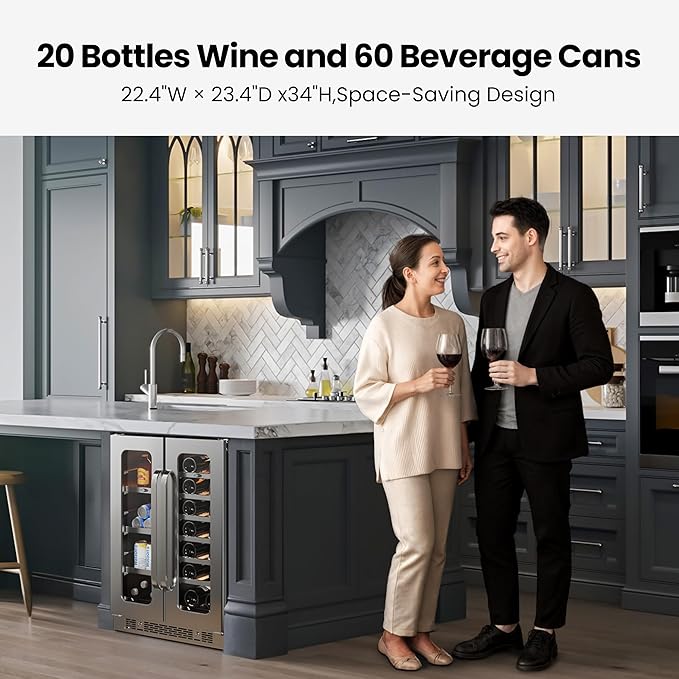 Whynter 24 Inch Dual Zone Wine and Beverage Refrigerator 20 Bottles 60 Cans Wine Fridge with Glass Door Wine Cooler Built-in Under Counter French Door 3 LED for Home Bar Luxury Series(4.1 cu.ft)