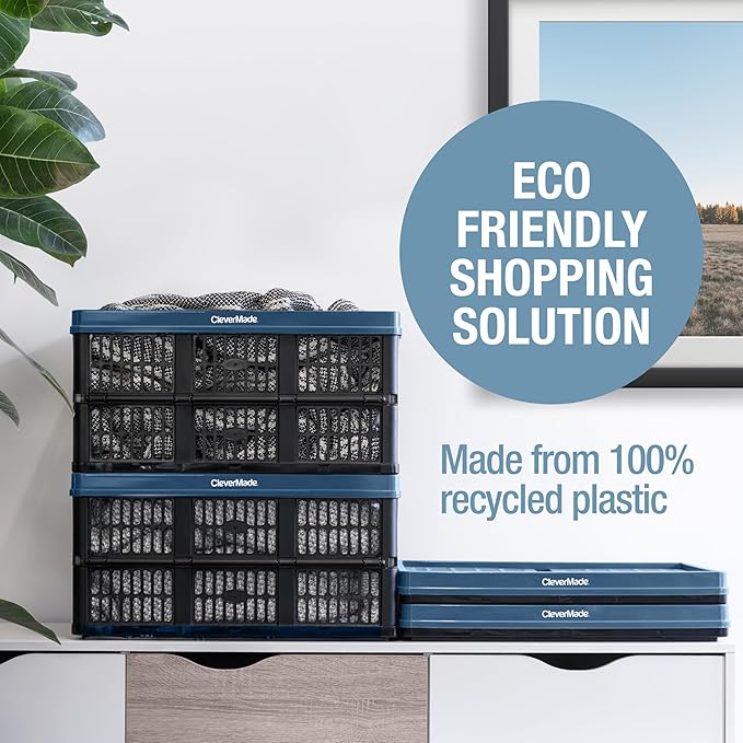 CleverMade Collapsible Utility Crates-Obsidian 3pck 45L / 11 Gal holds 66 lbs - Stackable Containers Heavy Duty Capacity Crates Space-Saving Baskets