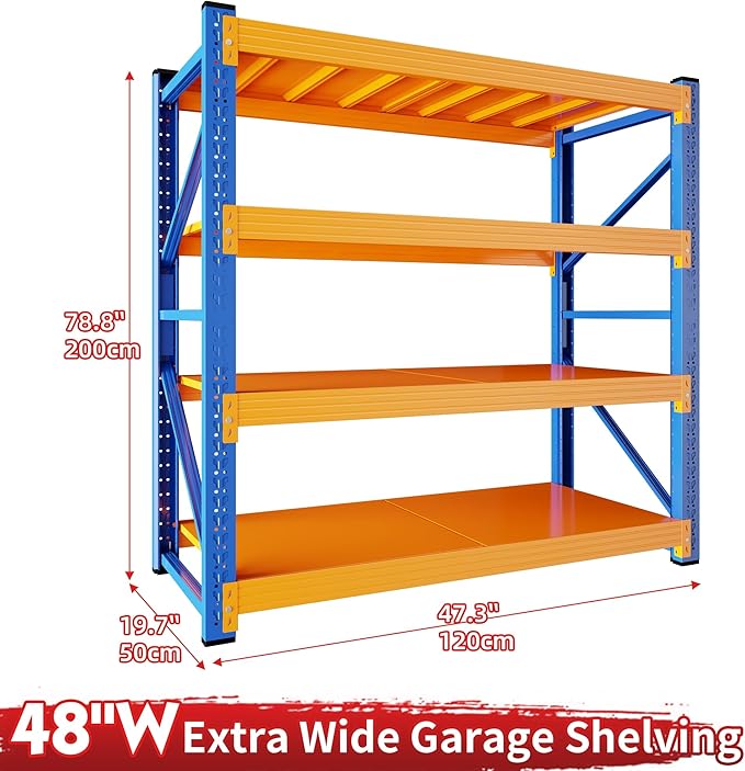 4000LBS Garage Shelving 48" W Garage Shelving Heavy Duty 4-Tier Metal Storage Shelves Adjustable Shelf Unit Storage Rack for Basement Supermarket Warehouse 48" W x 20" D x 78" H Blue-Orange