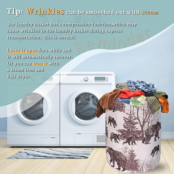 Forest Bear Laundry Hamper With Handles Foldable Oxford Cloth Retro Animals Tote Bag Bears Funny Laundry Basket Clothes Toy Storage Bucket 18.9" x 16.5" For Bathroom/Laundry/Bedroom