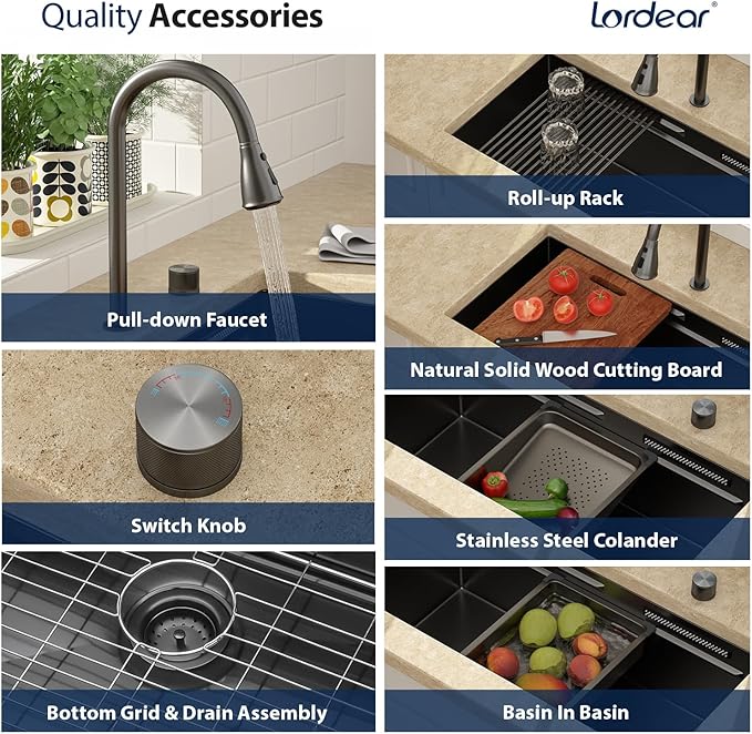 Lordear 30 Inch Waterfall Kitchen Sink Black - Undermount Kitchen Sink Workstation Stainless Steel 16 Gauge Single Bowl NANO-PVD Handmade Under Counter Smart Kitchen Sinks With Faucet