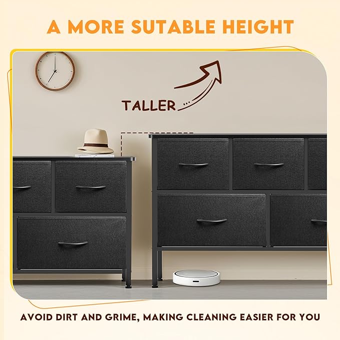 Curved Profile Dresser for Bedroom, Chest of Drawers, 5 Storage Drawers Organizer Unit, Black Dresser with Fabric Bins for Closet, Living Room, Kid Room (Charcoal Black)