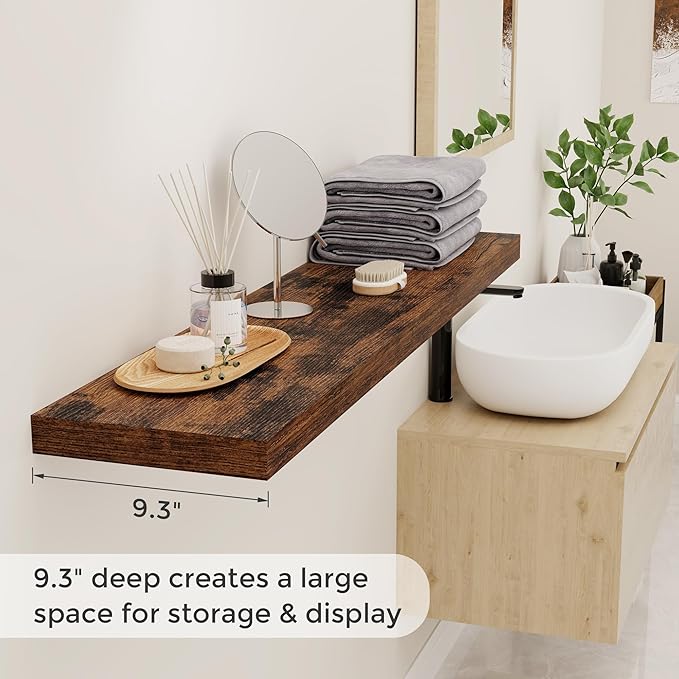 48 Inch Floating Shelves, 9.3 Inch Deep Floating Shelf for Wall, Rustic Wood Wall Shelves 48 x 9.3 x 1.5, Large Bathroom Shelf 48 Inch Long, Deep Shelves for Kitchen, Bedroom, Rustic Brown Color