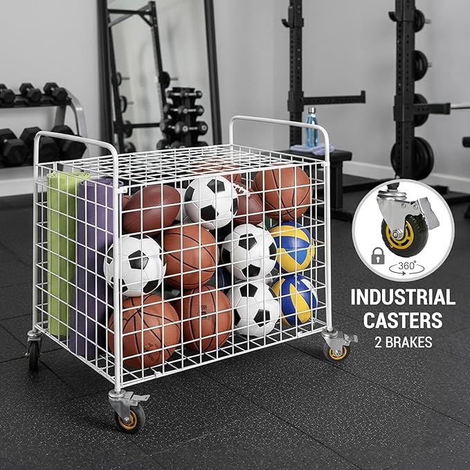 MyGift Professional Gym Metal Multi Sports Ball Storage Cart with Jumbo Industrial Wheels, Commercial Grade Portable Equipment Locker Cage for Basketball, Football, Soccer, Volleyball