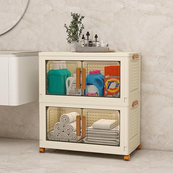 Plastic Stackable Storage Bins with Lids and Wheels, Foldable Closet Organizers and Storage Containers, Collapsible Clear Drawer Storage Cabinet with Doors Ivory White 304 QT
