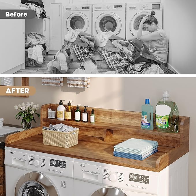 2-Tier Washer Dryer Countertop with 2.75" H Edge Rails, 58" W x 28" D Laundry Countertop for Folding Clothes, Washer and Dryer Topper with Non-Slip Pad (Dark Walnut)