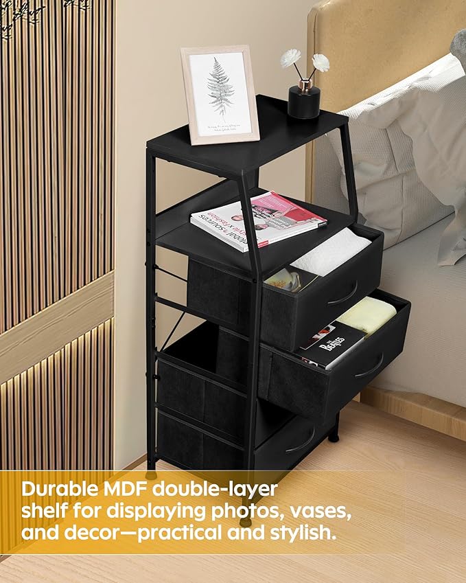 Dresser for Bedroom, Fabric Nightstand Tall Dresser & Chests of Drawers with 4 Drawers, Vertical Organizer Storage Tower Unit for Bedroom, Hallway, Entryway Black