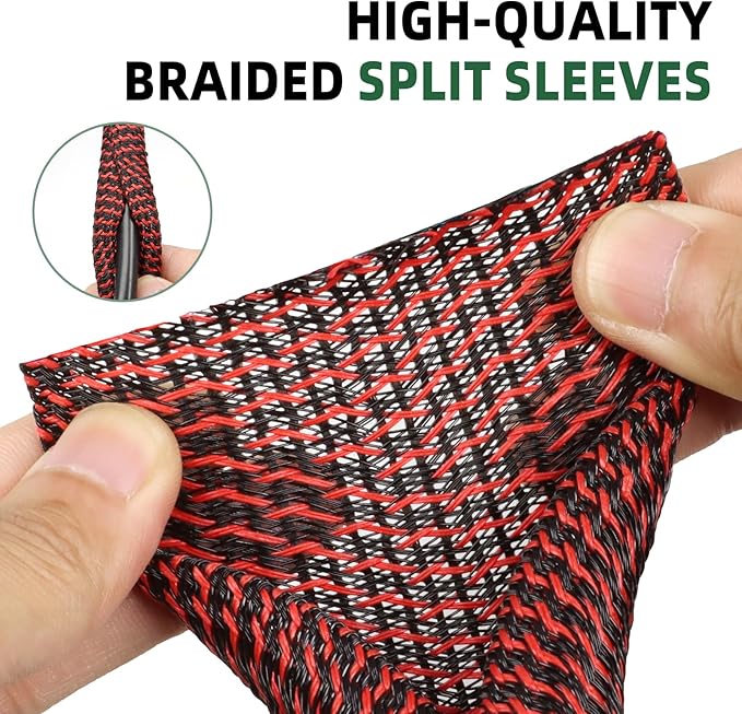 Split Wire Loom Tubing, Cable Protector Sleeve, Braided Cable Management for TV/Computer/Home Theater/Engine Bay, Cord Protectors from Pets No Chew (Red and Black, 3/8"-25ft)