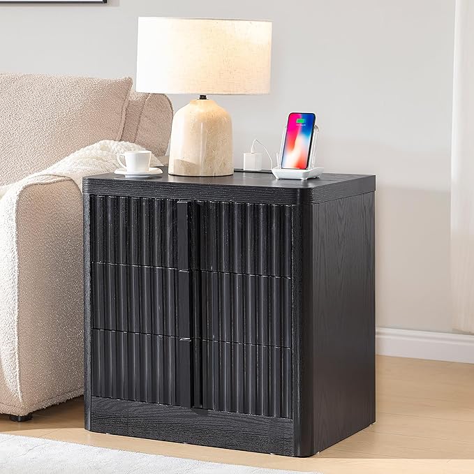 Black 23.6" Nightstand with Charging Station, Side Table with 3 Storage Drawers, Mid Century Modern Night Stand with Solid Wood Handle, Bedside End Table for Bedroom, Living Room, Closet