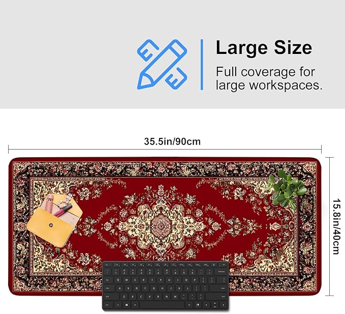 Red Vintage Persian Rug Mouse Pad – Large Extended Desk Mat 35.43 x 15.75 in – Oriental Carpet Design, Non-Slip Rubber Base, Waterproof Surface, Keyboard & Mouse Pad for Office, Gaming, Home