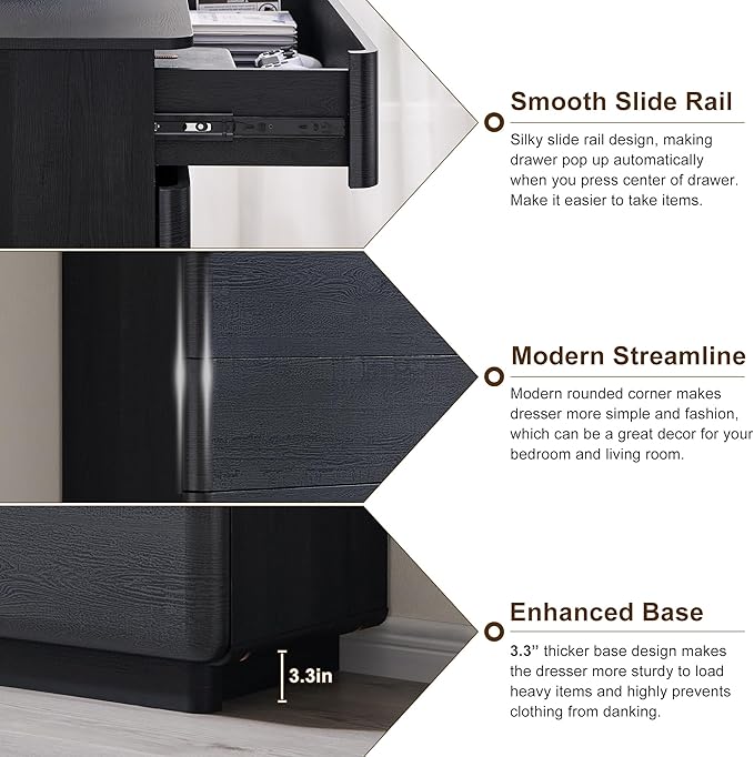 ACCOHOHO Modern 5 Drawer Dresser for Bedroom, 42" Tall Wooden Dressers with Large Storage,Handleless Chest of Drawers for Living Room & Hallway, Curved Profile Design, Black