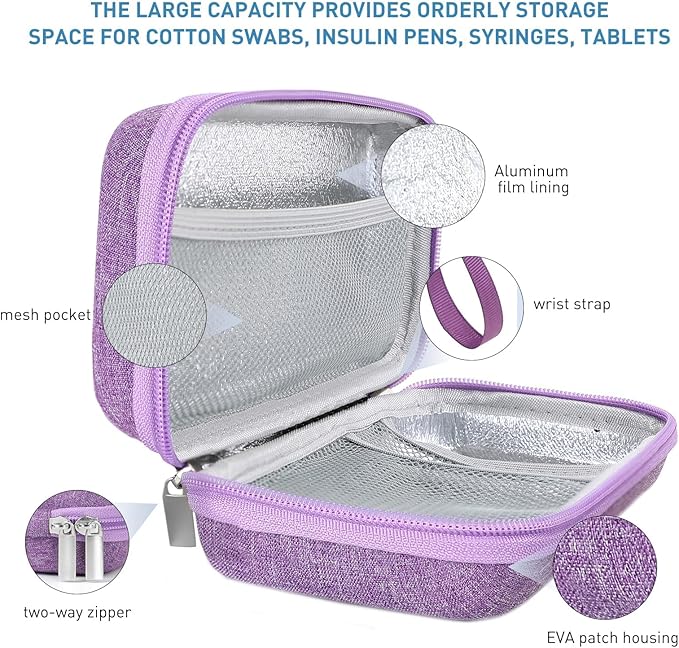 Insulin Cooler Travel Case,EVA Insulation Travel Medicine Kit with Temperature Display for Diabetes Care,Insulin Pen and Other Diabetic Supplies (Purple-Temp)