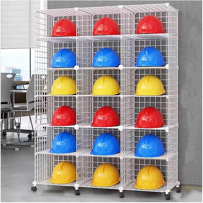 Stackable Safety Helmet Storage Boxes, Large Adjustable Hard Hat Placement Organizer Rack,with Wheels,for Construction Site/Garage/Workshop/Factory Helmet Display Shelf (White, 18 Grids-3 * 6)