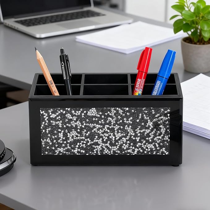 SHYFOY Remote Control Holder with 6 Compartments, Black Glass Desktop Organizer, Crystal Detail Design, 4.3x8.3x4 Inches, Multi-Purpose Storage Caddy for TV Remotes and Office Supplies