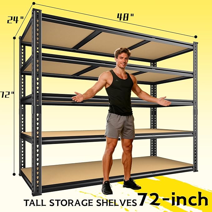 48" W Garage Shelving Heavy Duty 3200LBS Garage Storage Shelving, 5 Tier Adjustable Metal Shelving Unit Utility Rack Shelf for Warehouse, Pantry, Closet, Kitchen 72" H x 48" W x 24" D, Black