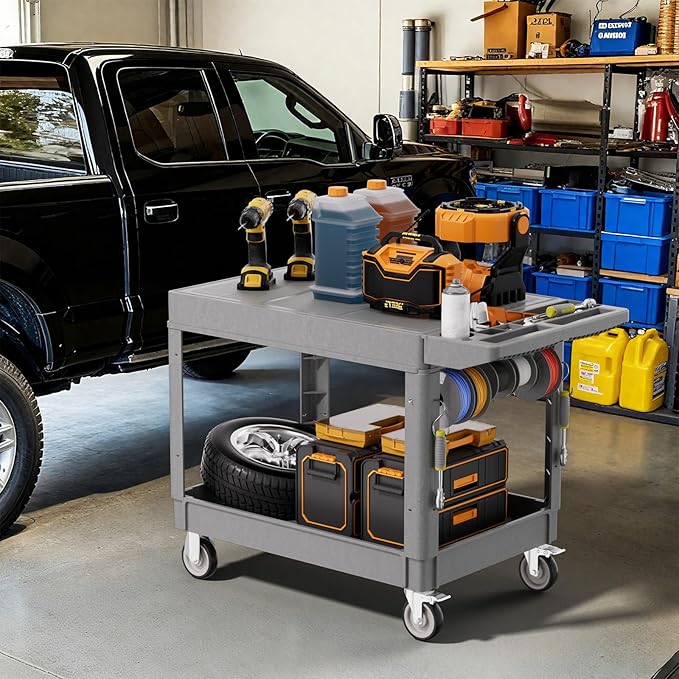 2 Tier Plastic Rolling Utility Cart on Wheels, Heavy Duty Tool Cart with Deep Shelves and 360° Swivel Wheels Holds up to 550 lbs, Service Cart for Garage, Warehouse, Cleaning (Grey-L-Flat Top)