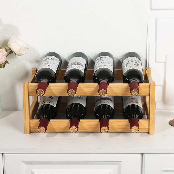 VASMIA Wine Rack, 2-Tier Bamboo Wine Racks Countertop Cabinet Wine Holder Wine Storage Shelf for Pantry Kitchen Bar, Natural