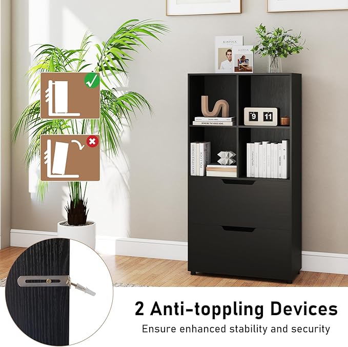 Giantex Bookcase with 2 Drawers, 51” Tall Floor Bookshelf w/4 Cubes, Anti-tip Kits, Freestanding Display Rack, Cubby Storage Organizer for Study, Living Room, Home Office, Black