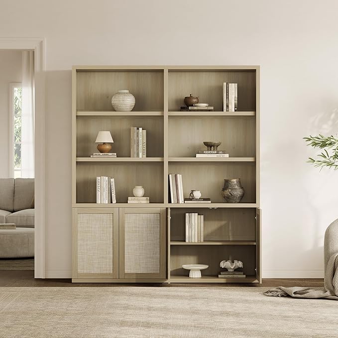 SICOTAS 70.5" Tall Bookshelf - 5-Tier Rattan Bookcase with Storage Cabinet Large Farmhouse Book Shelves with Doors, Boho Bookshelves for Living Room Home Office Library(Sand Oak, 2 Pieces)