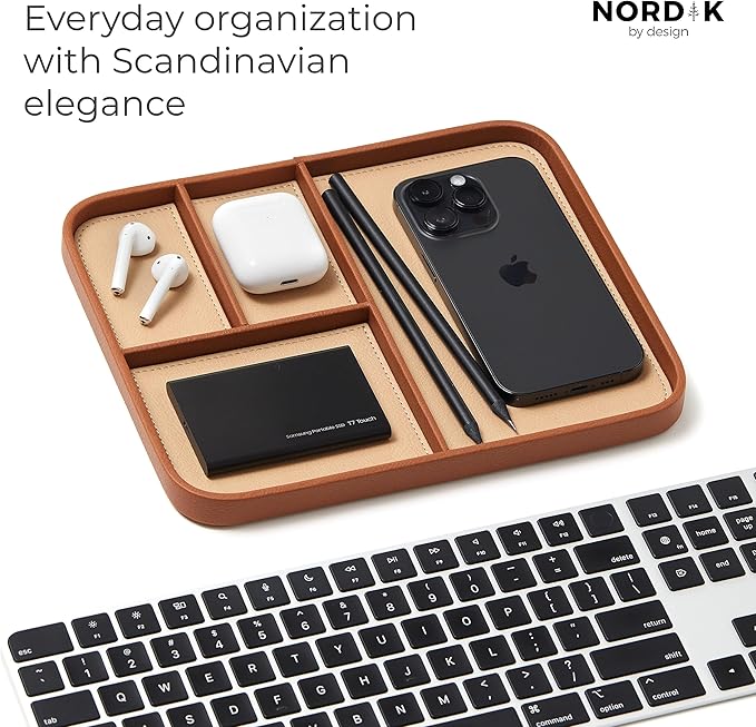 Nordik Leather Valet Tray - Sand Brown - 9.5 x 7.9 Inch Medium Vegan Leather Tray - Stylish Nightstand Organizer for Men - Modern Bedside Caddy - EDC Catchall for Key Watch Wallet Jewellery
