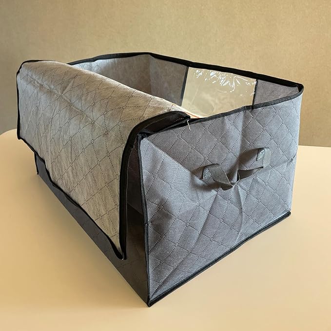 Clothes Storage Bags with Zipper, Foldable Clear with Lids and Handle, For Blanket Clothes Comforter Closet Organization, 3-Pack, 90L, Grey