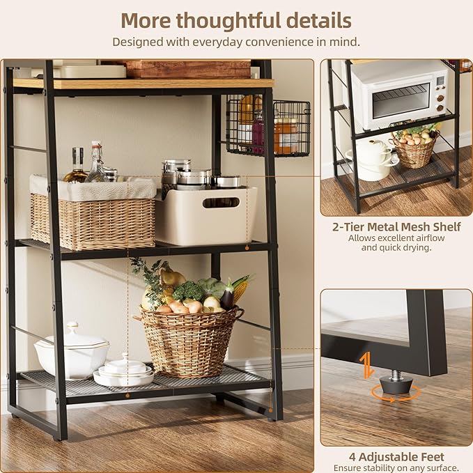 Bakers Rack with Foldable Basket, Large 4 Tiers Coffee Bar Station, Kitchen Microwave Stand with Storage, Metal Shelf Rack for Living Room, Office, Garage (Rustic Brown)