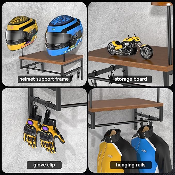 BORISI Helmet Holder Wall Mount, Motorcycle Helmet Holder, Helmet Stand with Motorcycle Accessories, Helmet Rack for Display Wall Mount, Motorcycle Gear Storage Rack